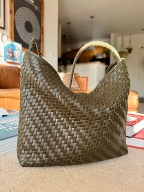 Bembien Serena Woven Leather Shoulder Tote Bag in Olive Green